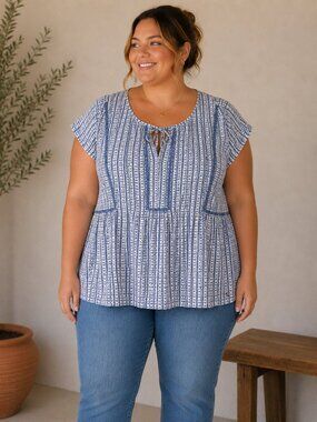 Tommy Hilfiger Blue and White Tie-Front Top